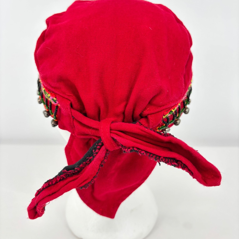 Red Embroidered Pom-Pom Trim Cotton Hat - Picture 4 of 5